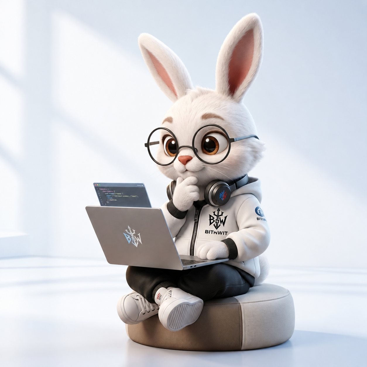 White Rabbit mascot with laptop
